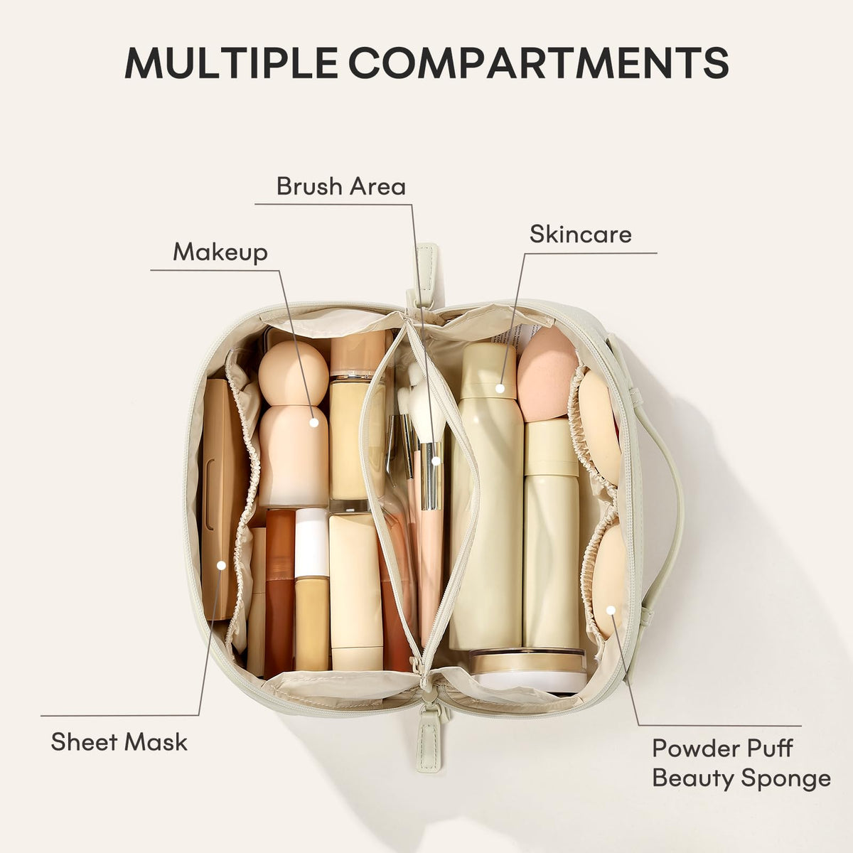 mibasies Travel Makeup Bag for Women, Large Capacity Waterproof PU Leather Flat Open Cosmetic Bag, Portable Toiletry Bag for Business Trip & Daily Use