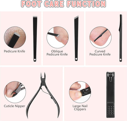 Manicure Set, Jubolion 19pcs Stainless Steel Professional Nail Clippers Pedicure Set with Black Leather Storage Case, Portable Grooming Kit for Travel or Home, Perfect Gifts Women and Men (Black)