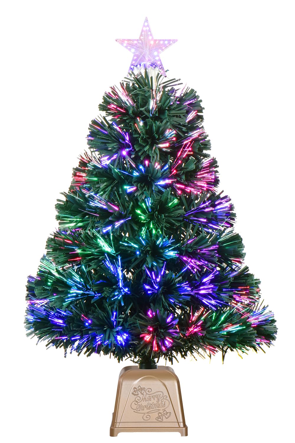 24inch Green Fiber Optic Christmas Tree,Pre-Lit Artificial Mini Christmas Tree, Tabletop Small Xmas Tree with Stars Holiday Home Decorations