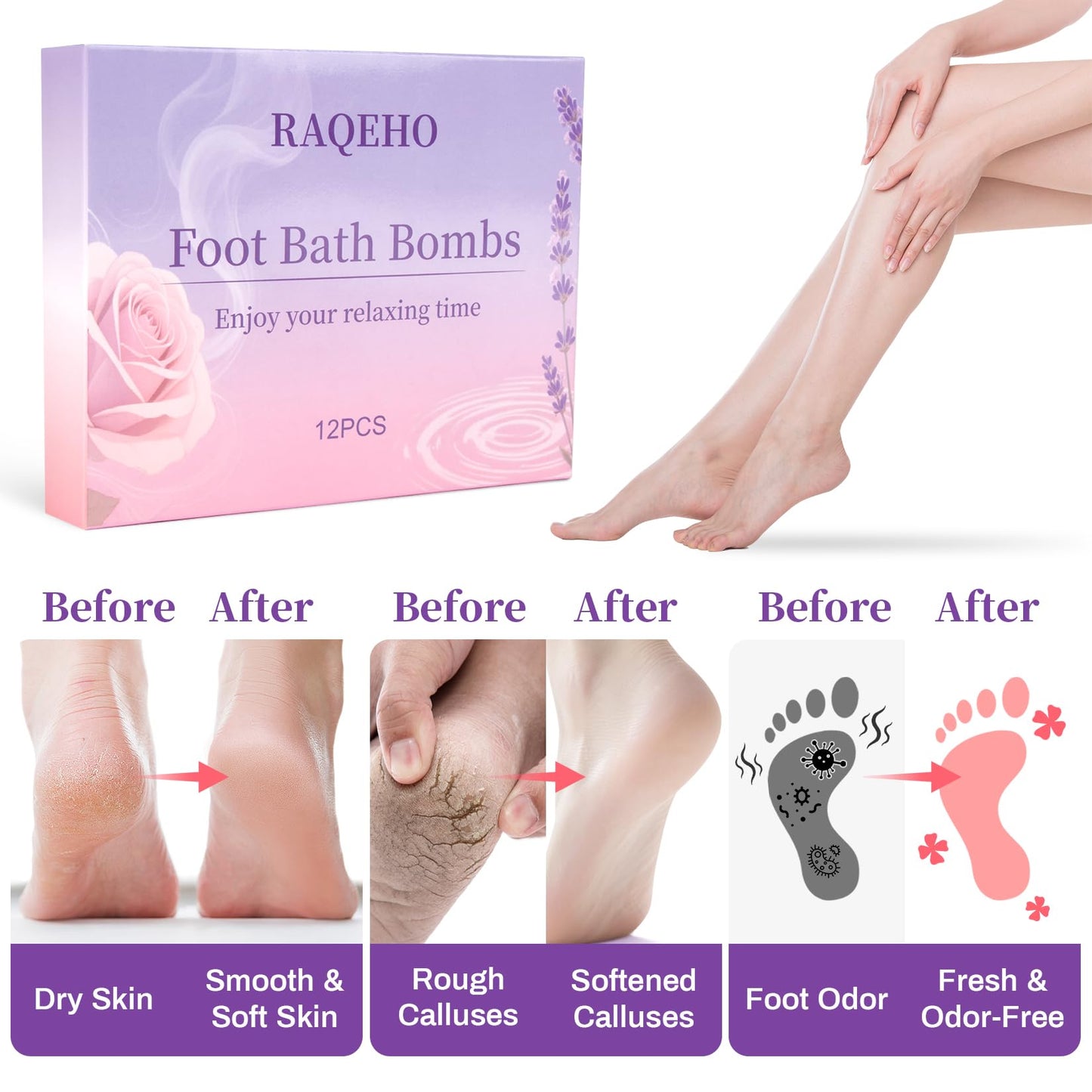 RAQEHO 12PCS Foot Bath Bombs - Rose Lavender Aromatherapy Foot Bath Soak Individually Wrapped with Sea Salt for Dry Cracked Feet Softener Exfoliator Odor Home Spa Essentials Pedicure Supplies