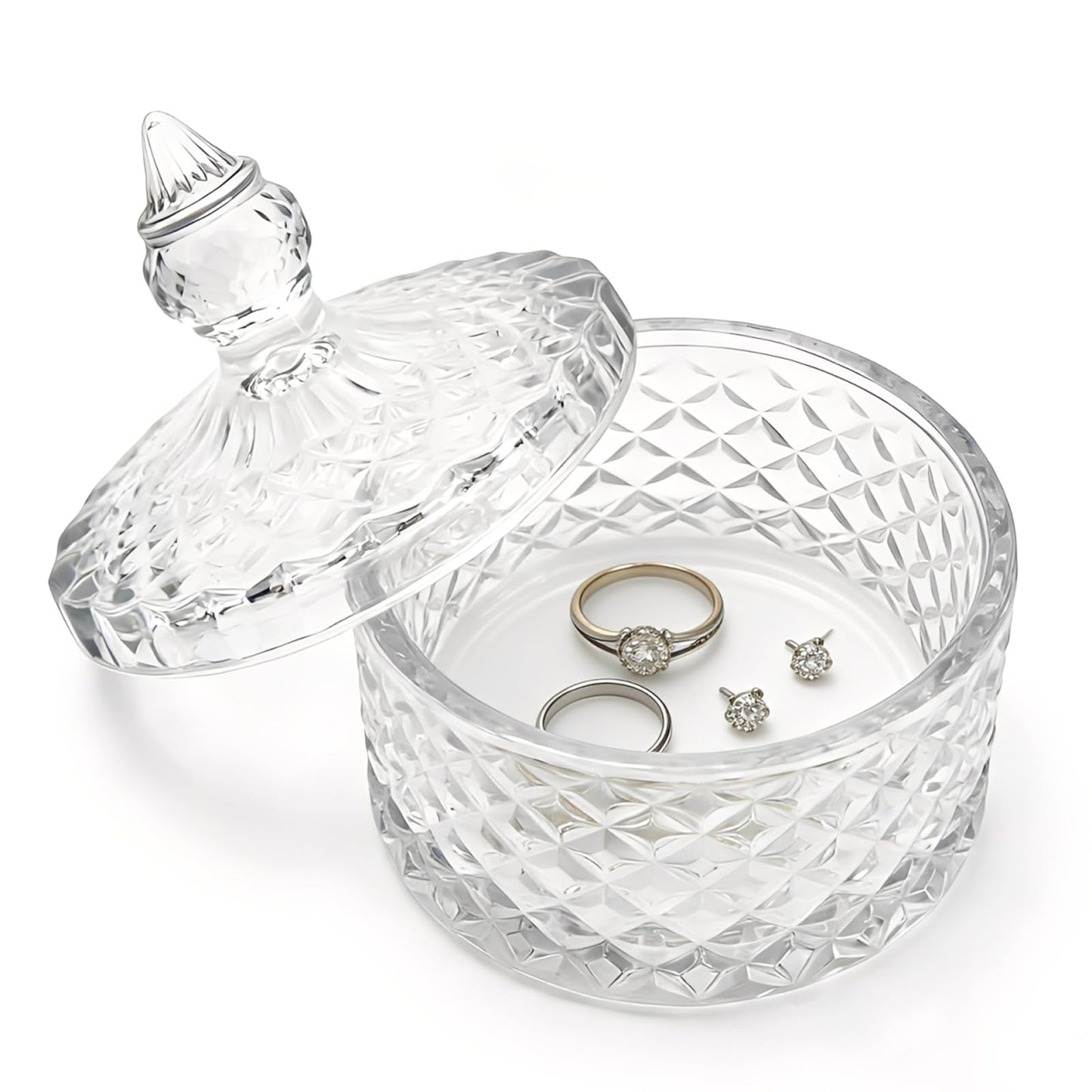 Glass Jewelry Box, Crystal Candy Dish with Lid, Ring Box, Small Trinket Dish, Jewelry Organizer Dish with Lid, Decorative Jewelry Bowls for Home Decor, Christmas Birthday Gifts for Women (Diamond)