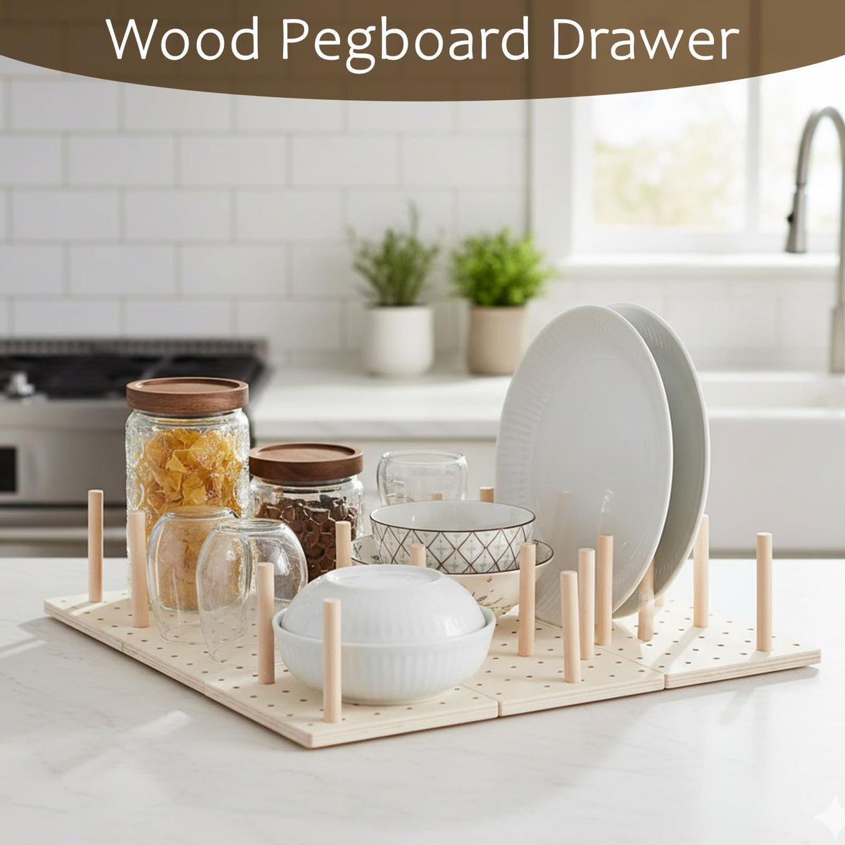 IANFAN 6 Pcs Wood Pegboard Drawer Organizer with 48 Pegs, Wooden Peg Board Drawer Shelf Organizer Adjustable Peg Drawers Organizers for Kitchen Dishes Plate Pegboard Food Containers(17x5.91, Wood)