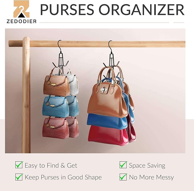 ZEDODIER Purse Organizer for Closet, 3 Pack Rotatable Sturdy Purse Hanger Bag