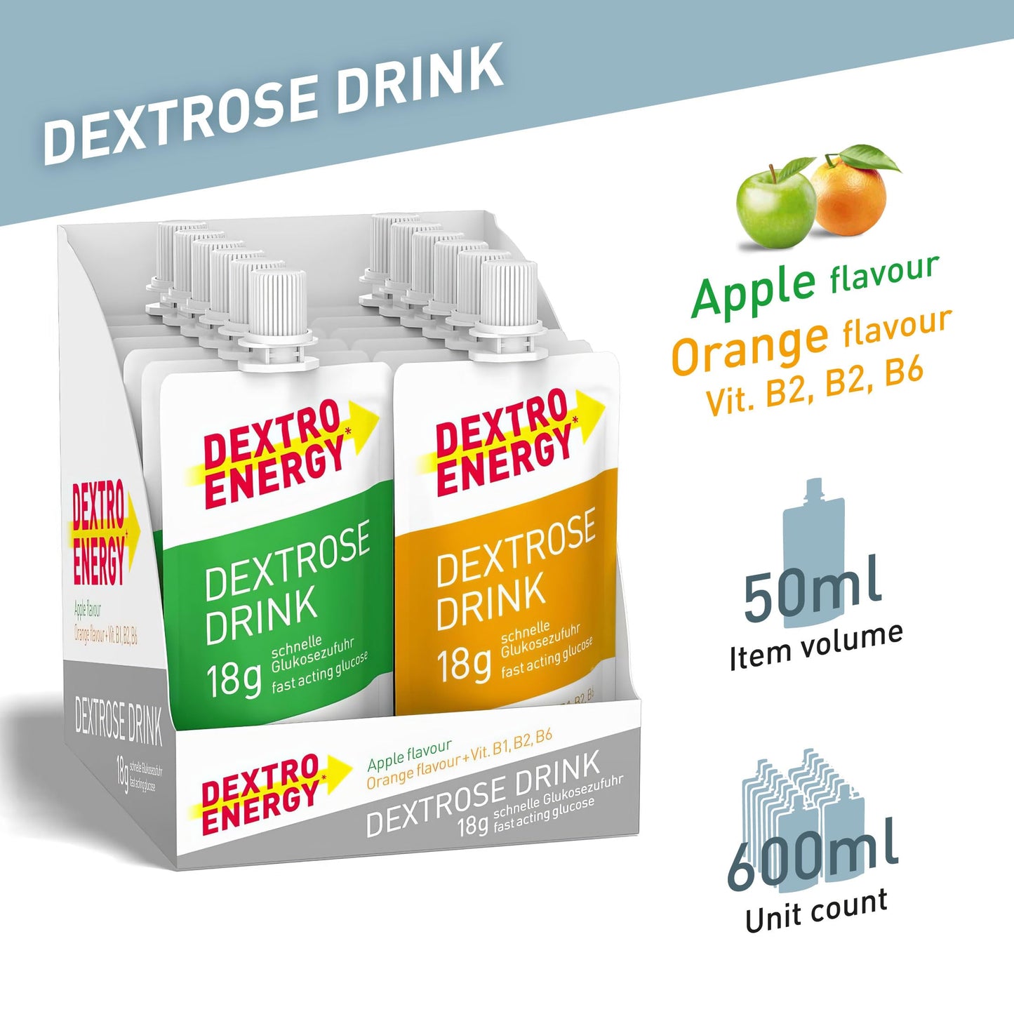 Dextro Energy Apple and Orange Flavour Dextrose Drink | 18g of Fast Acting Glucose | Liquid alternative to Dextro Glucose Tablets | Ready to Drink, Easy to Consume, Re-Sealable | 50ml Pack of 12