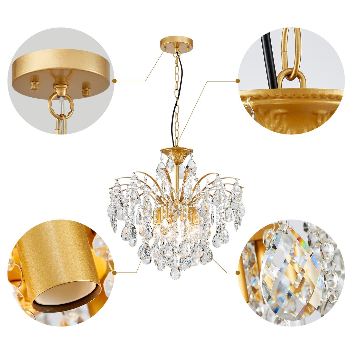 FashEase K9 Crystal Chandeliers, Mid-Century Modern Style for Living Room, Bedroom, Dining Room, D20in x 20-70in Adjustable Height, Gold Finish