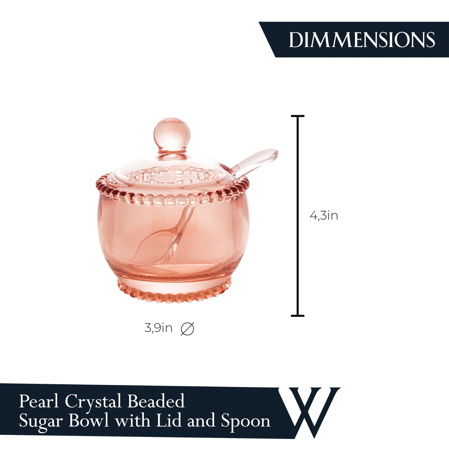 WOLFF - Pearl Crystal Beaded Sugar Bowl with Lid and Spoon - Sugar Holder, Dish for Candy Dispenser, Salt and Condiments Container, Jelly Jar (Pink, Sugar Bowl)