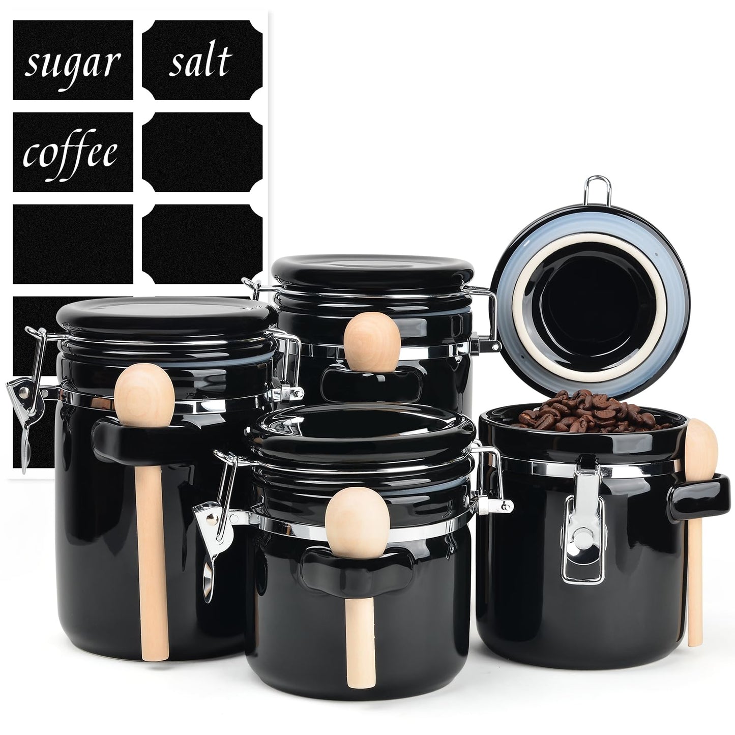 ZEBERBO 4 Piece Airtight Ceramic Canister Set With Attached Wooden Spoon Reusable Chalk Labels For Dry Goods Sugar Coffee Tea Kitchen Storage Use (Black)