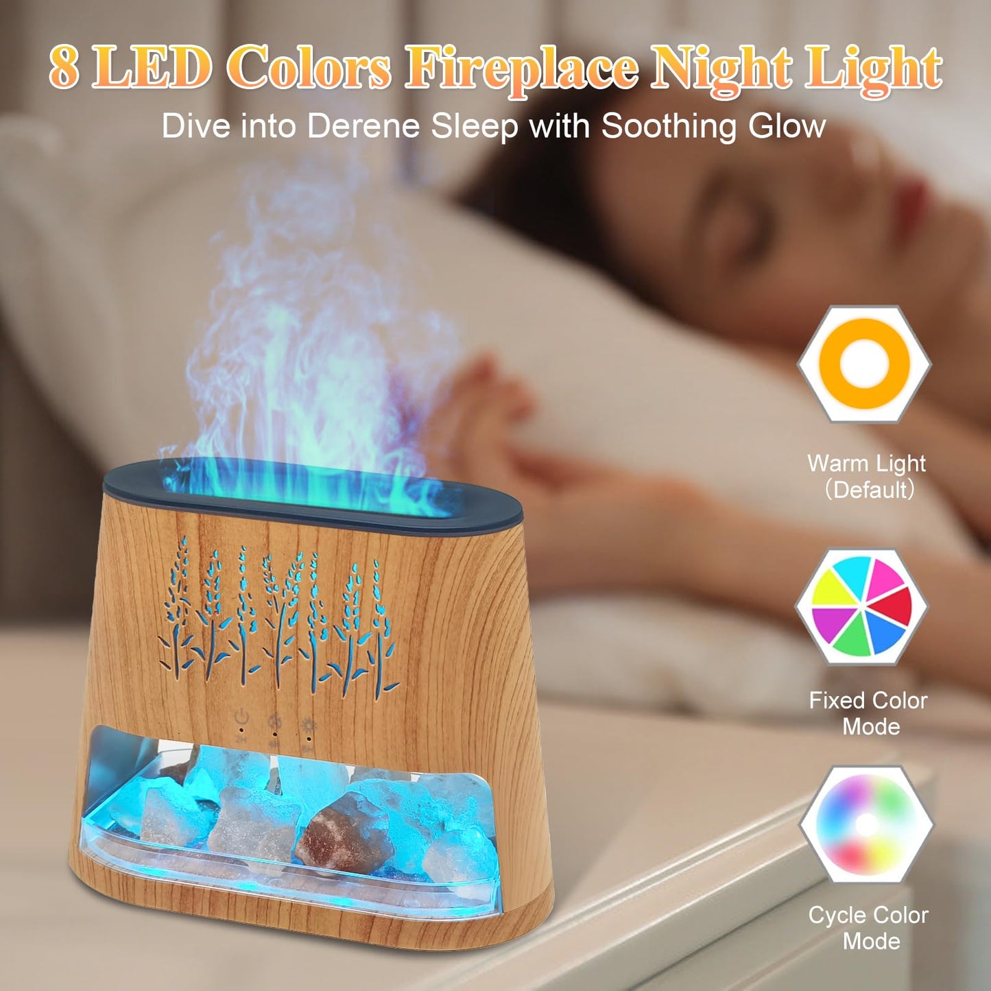 Fireplace Flame Diffuser & Himalayan Salt Lamp, 8 Colors Aromatherapy Diffuser Cool Mist Humidifier with Timer Auto Off Function for Home, Bedroom, Offie,Yoga