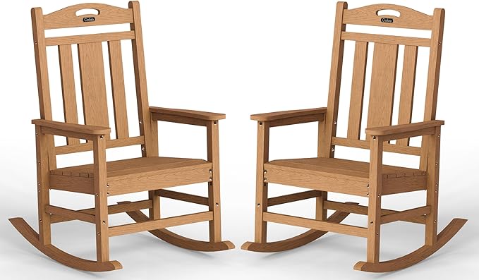 Ciokea Oversized Outdoor Rocking Chairs Set of 2, 380lbs Heavy-Duty Large Patio Rocker, High Back Cozy Porch Chairs, Weather Resistant Patio Rocking Chairs for Outside, Fire Pit, Deck, Teak