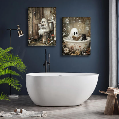 Framed Ghost Canvas Wall Art Set of 2 Cute Ghost Cat Reading in Bathtub Painting Rustic Whimsical Halloween Poster Picture Prints Décor for Bedroom Bathroom Restroom Spa 12x16 Inch