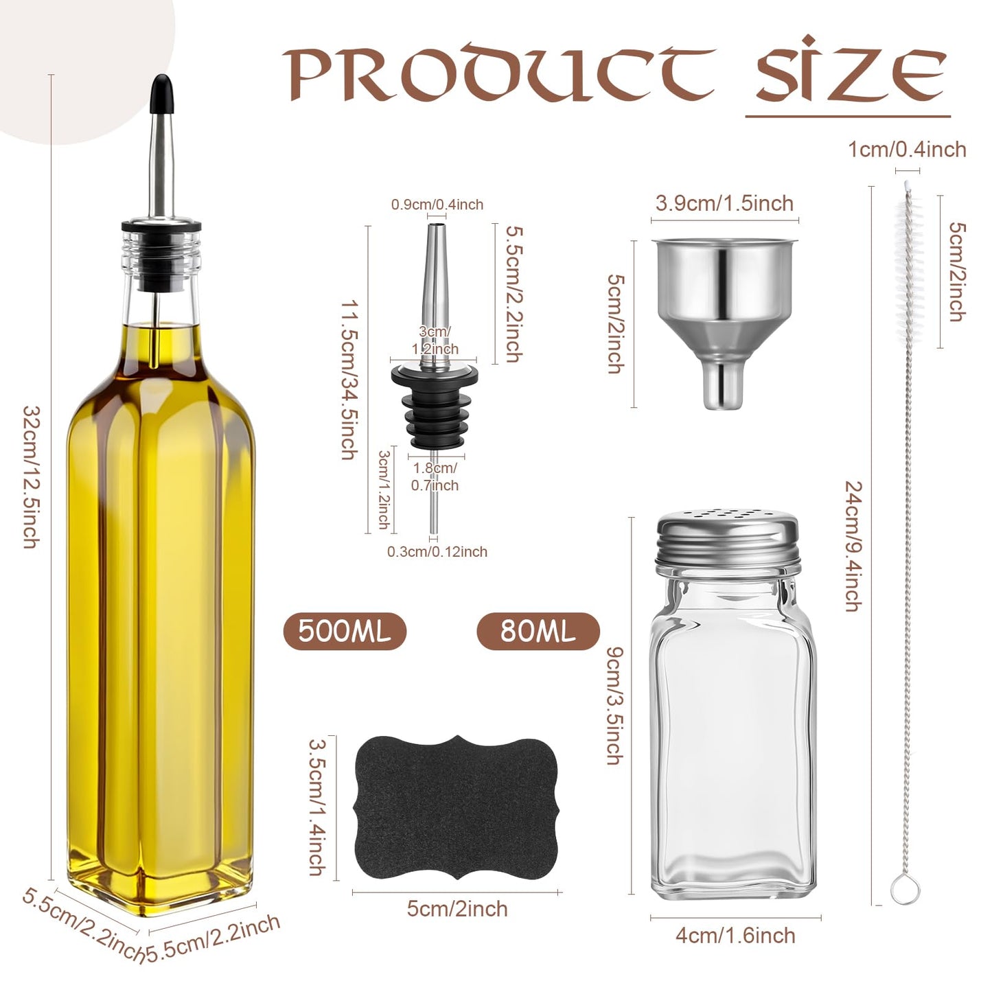 Rtteri 6 Pcs Kitchen Dispenser Set, 17 oz Oil Dispenser Bottle 2.7oz Salt and Pepper Shakers with Stainless Steel Funnel Brush and Labels for Pantry Cooking BBQ Countertop Home Restaurant