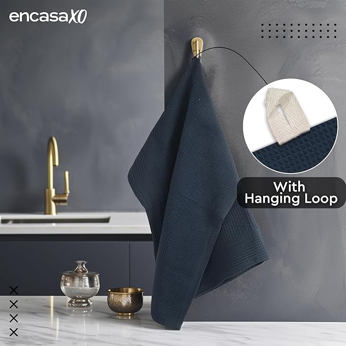 Encasa XO Kitchen Dish Towels Set | Navy Blue | Waffle Weave and Flat Hand Tea