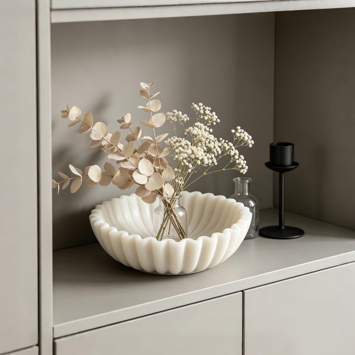 iAmoy White Decorative Bowl, Marble Style Catchall Bowl for Entryway Console Coffee Table Shelf, 10” Scalloped Fluted Decorative Centerpiece Living Room Decor Dresser Organization