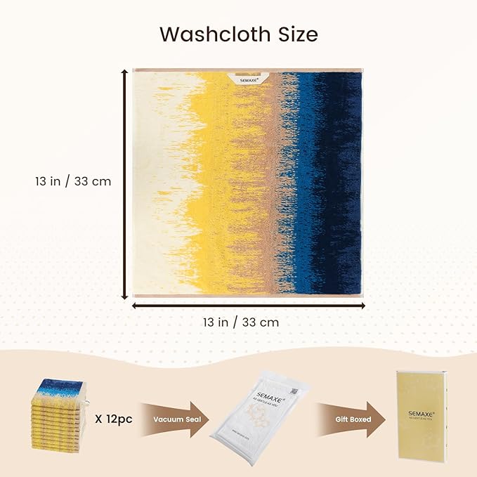 SEMAXE 100% Cotton Washcloths 12-Pack, 13 × 13 Inch Soft Luxury Face Towels –