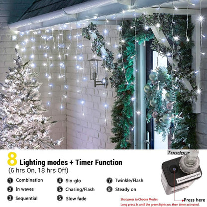 Toodour Christmas Icicle Lights Outdoor, 360 LED 29.5ft 8 Modes Fairy Icicle String Light with 60 Drops, Led Christmas Lights Twinkle for Holiday, Party, Wedding, Eaves, Xmas Decorations (White)