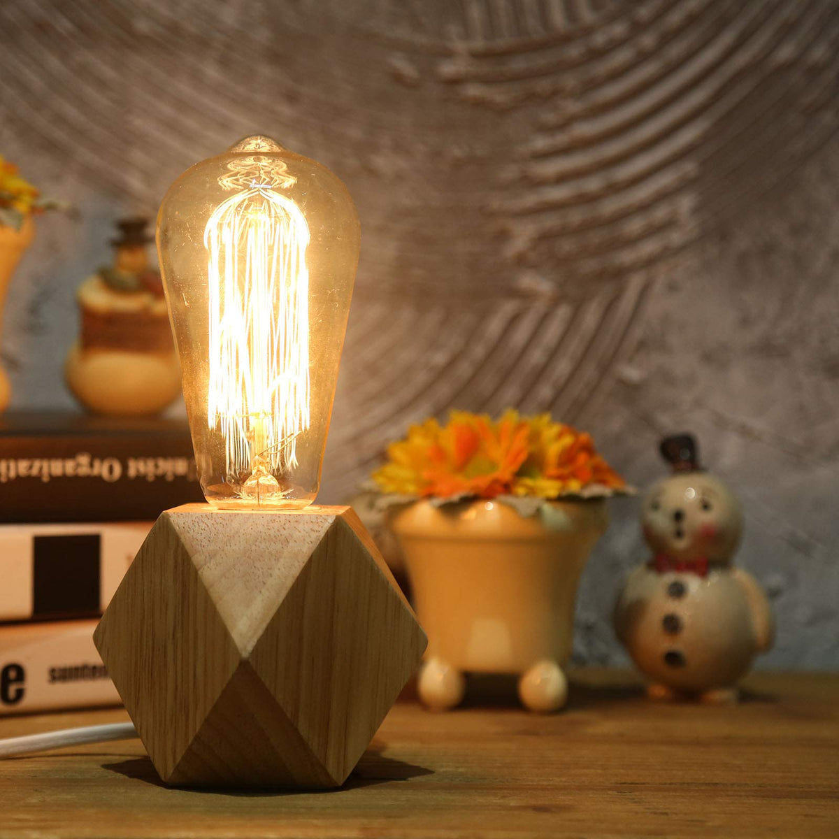 OuXean Small Wood Table Lamp, Bedside Lamp with Diamond Wooden Base E26 60W Industrial Night Light Boho Deco for Bedroom, Living Room or Office(No Bulb)