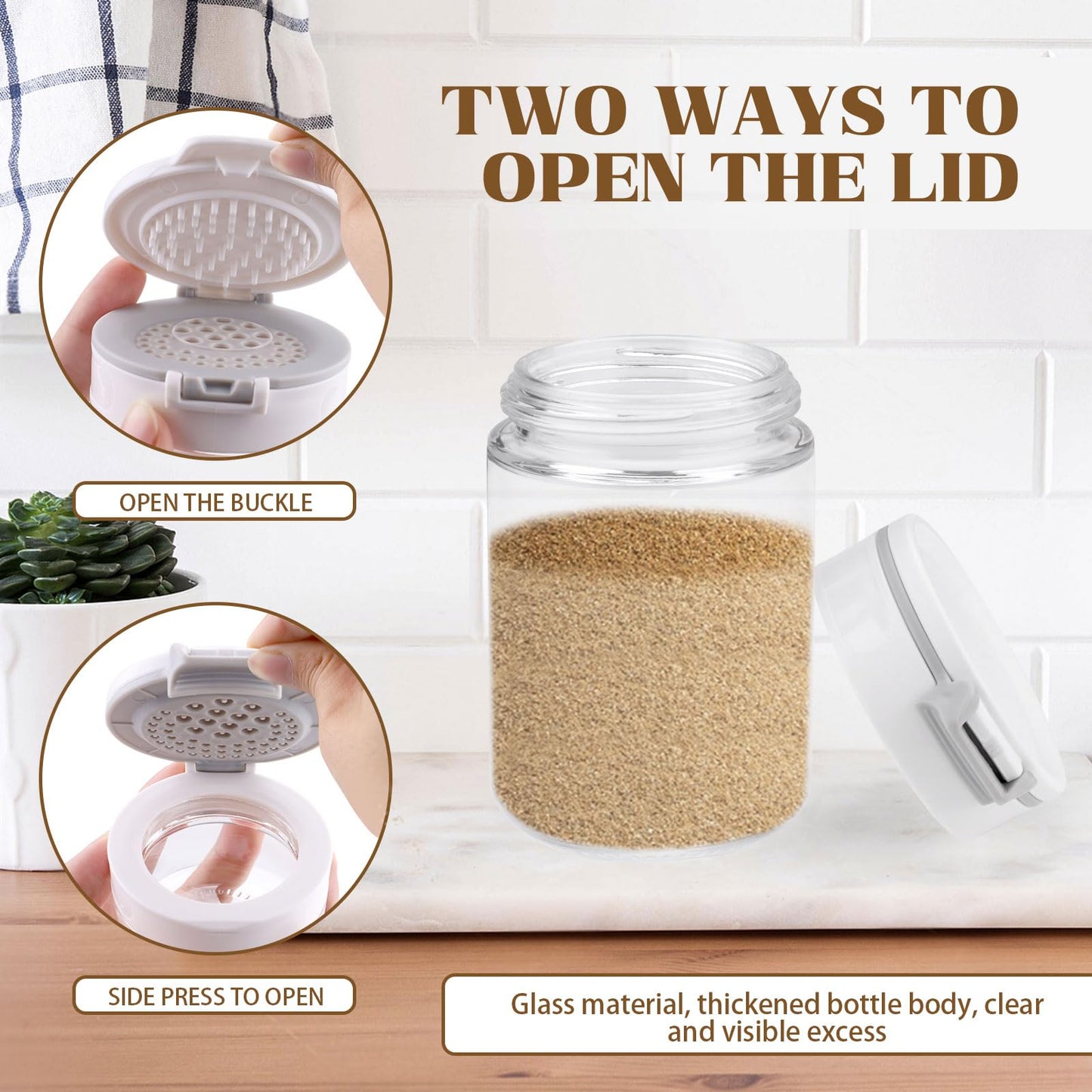 Diakey 2 Pack Spice Shaker for Salt & Pepper, Anti-Clogging, Airtight Lid, Seasoning Containers Glass Spice Jars with 2 Hole Sizes and Labels, 6.8oz