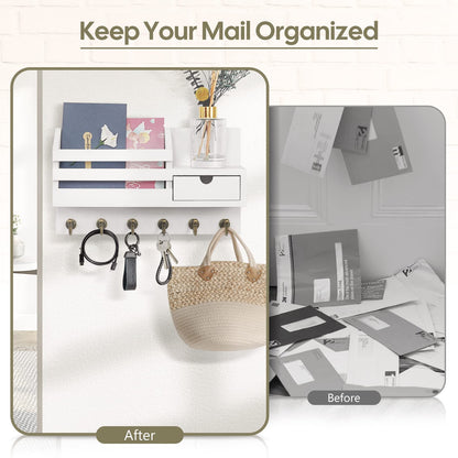 FifthQuarter Key Holder Wall Mount: Key and Mail Holder for Wall with 6 Hooks and Storage Drawer, Easy Installation Key Rack for Entryway Home Decor (A-White)