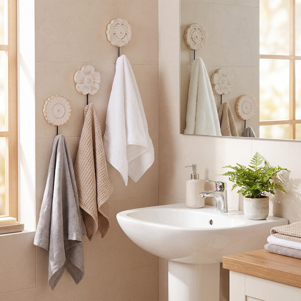 Novabright 3 Pcs Boho Wooden Wall Hooks, White Distressed Flower Decorative Wall Mounted Hooks for Bathroom, Entryway, Bedroom, Hanging Towels, Keys, Hats, Coats