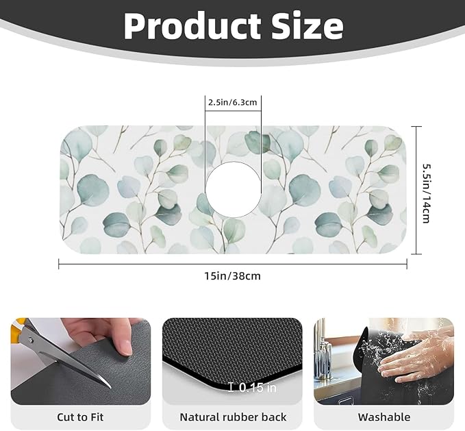 Sage Green Leaves Watercolor Branch Plant Kitchen Sink Splash Guard Faucet Mat