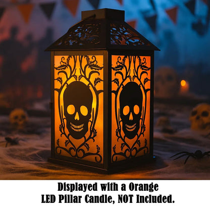 VELA LANTERNS 11.5" Halloween Skull Candle Lantern - Decorative Spooky Tabletop Light for Haunted House, Gothic Home, Front Porch & Party Decor, Metal with Frosted Glass (Candle NOT Included)