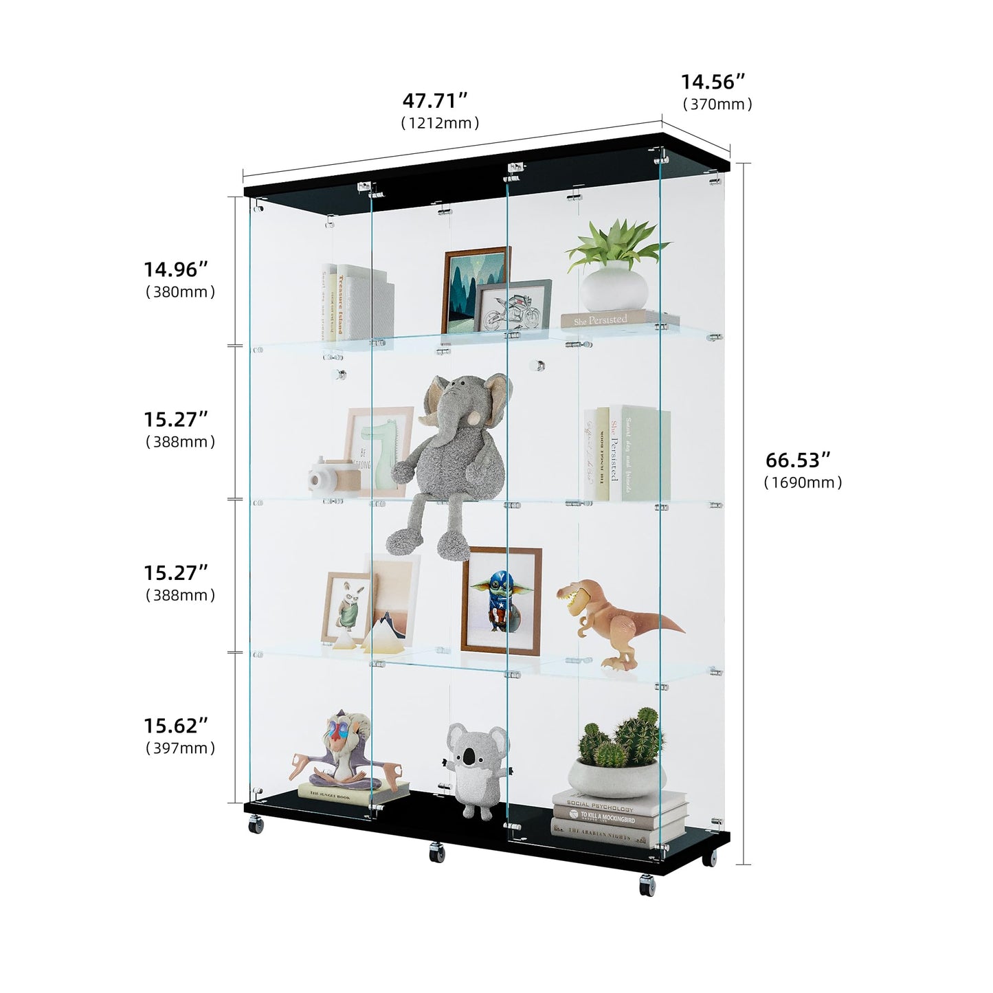Ball & Cast Glass Display Cabinet with 4 Shelves,Trophy Showcase,Floor Standing Curio Bookshelf,for Living Room Bedroom Office,(64.7"*31.7"*14.3"),Black