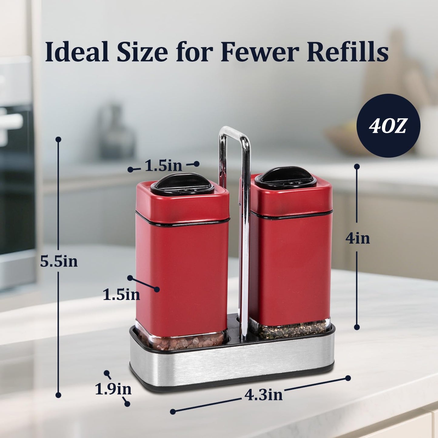 Red Salt and Pepper Shakers Set with Holder, Salt Shaker with Adjustable Pour Holes, Stainless Steel Refillable Spice Dispenser by Aelga