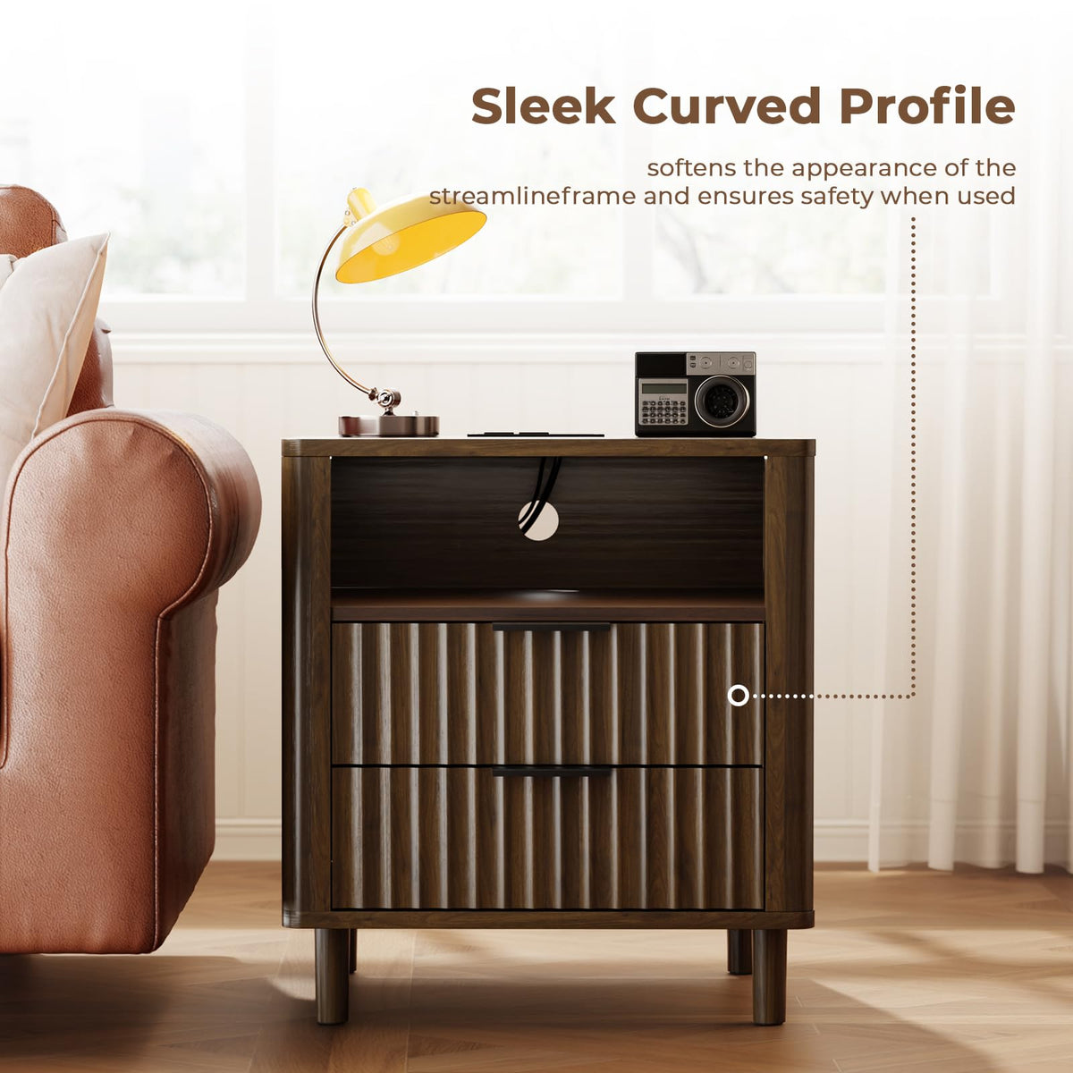 Fluted Nightstand with Charging Station, 2 Drawers Storage Bedside Table, Solid Wood Modern Nightstand with Open Shelf, Curved Profile Design, End Table for Indoor Room Bedroom Office, Walnut