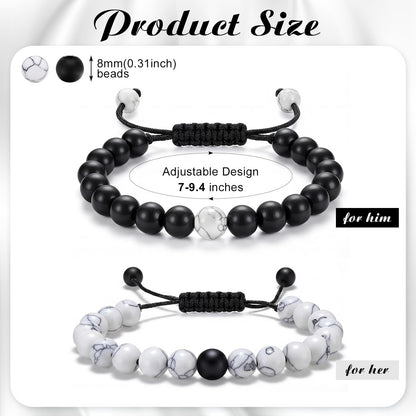 BBTO Couples Bracelets Long Distance Matching Bracelets 8mm Howlite Beads Black Matte Agate for Couples His and Her Gifts(Classic Style)