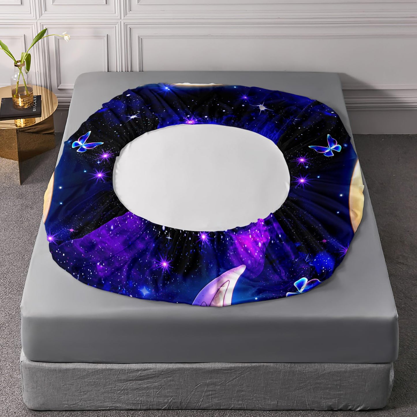 HOSIMA Kawaii Axolotl Twin Fitted Sheet for Kids,Axolotl Sitting on Moon Reading Book,Butterflies Pattern Aesthetic Galaxy Bedding Set for Teenage Girl Room Decor,1 Fitted Sheet+2 Pillowcases.
