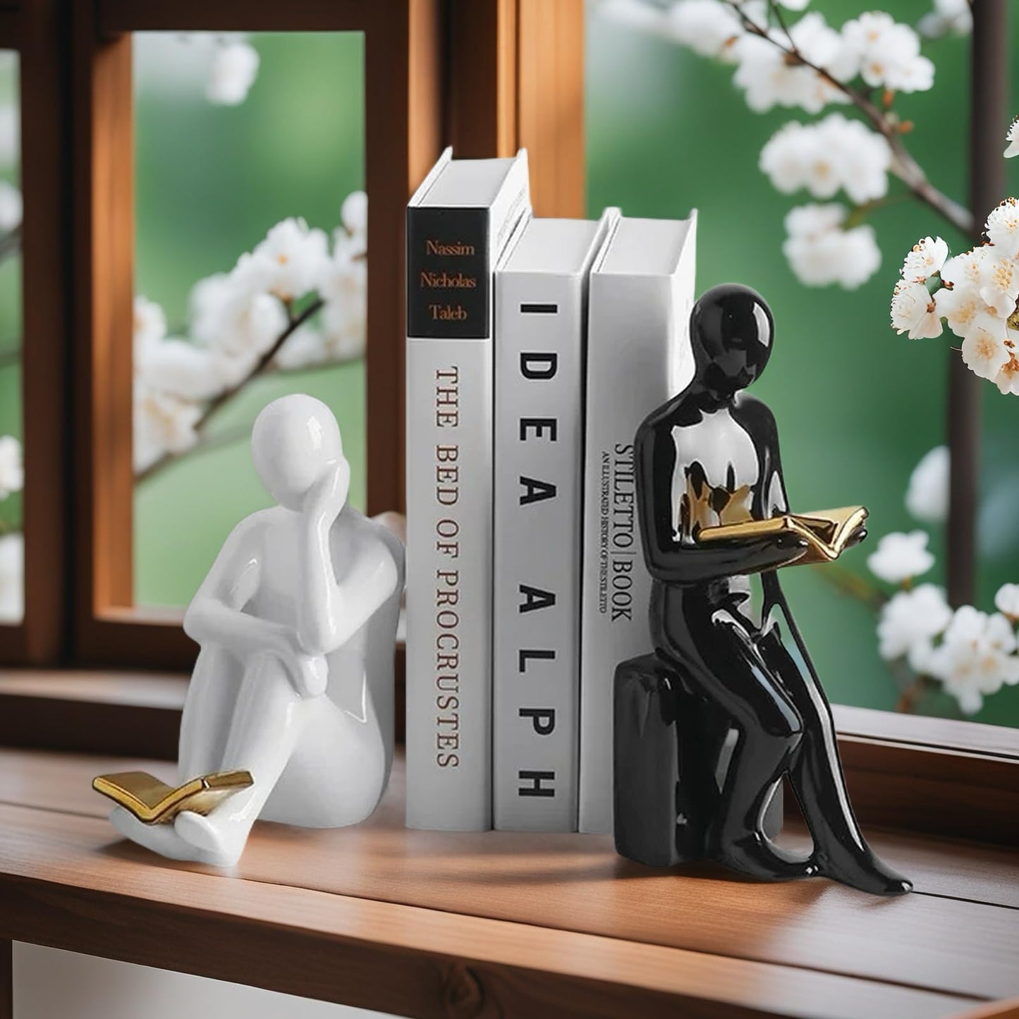 Home Decorative Reading Book Statue Bookends Elegant Resin Bookshelf Room Office Desk Decor,Paper Weights, Book Ends,Bookend Supports, Book Stoppers, Set of 2 (Black and White)