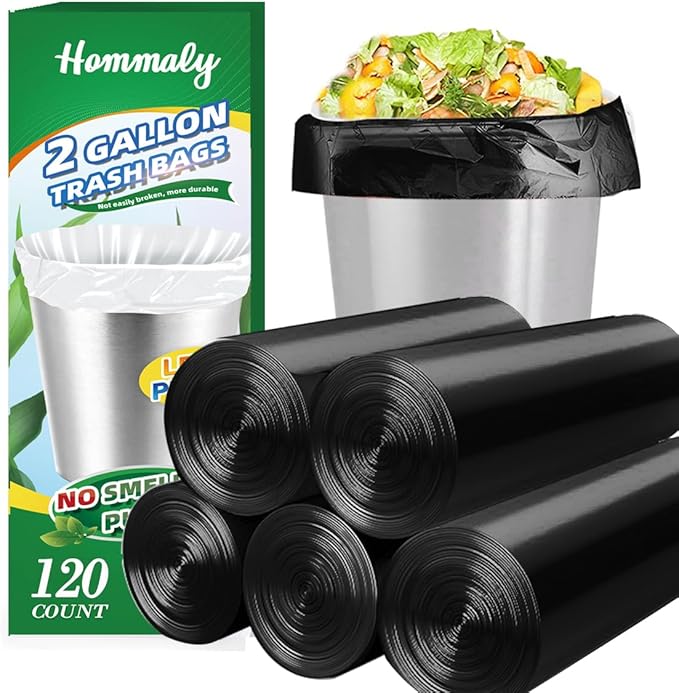 2 Gallon 120pcs Small black Trash Bags Plastic black Garbage Bags, Bathroom