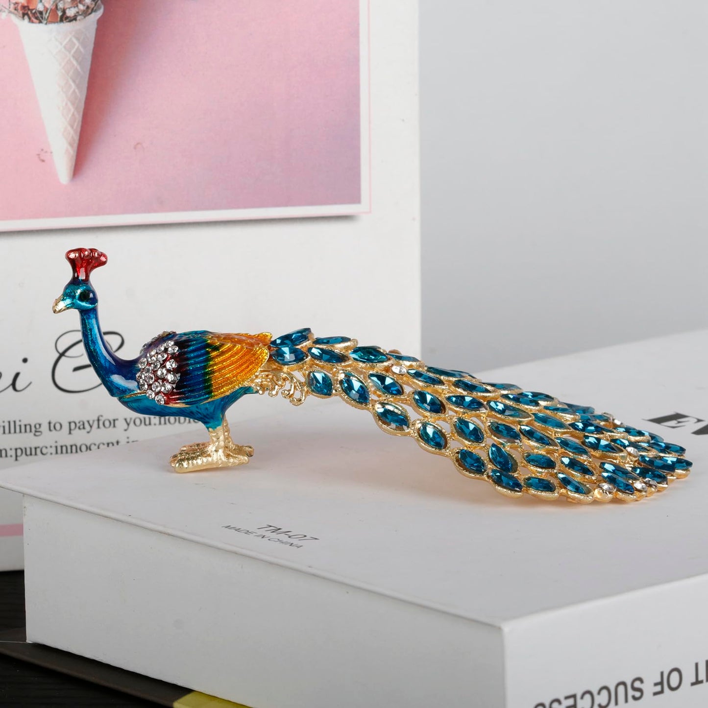 SEVENBEES Enameled Peacock Jewelry Box - Hand Painted Collectible Figurine with Crystal Rhinestones, Women and Girls for Rings and Earrings Valentine Decor Gifts