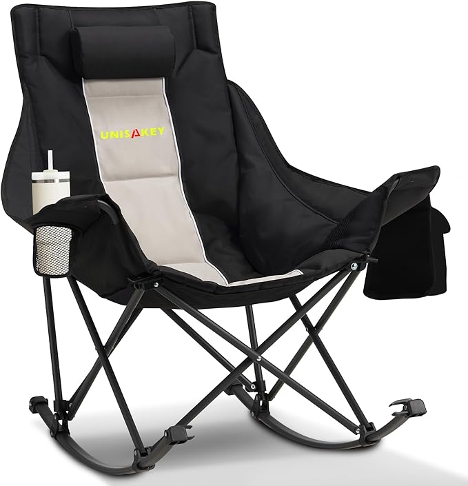 Oversized Rocking Camping Chair with Headrest & Cup Holder - 400lbs Capacity, 600D Oxford Fabric, Easy Fold Portable Outdoor Rocker Chair for Camping, Backyard, Beach, Light Gray