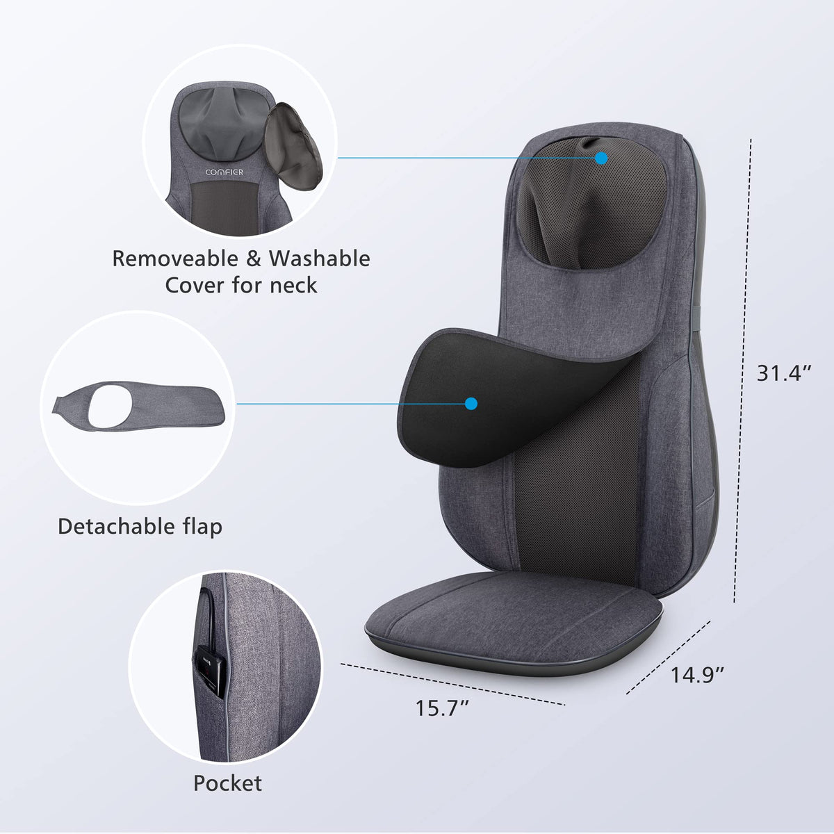 COMFIER Neck Back Massager with Heat, Height Adjustable Chair Massager Seat Cushion for Neck Shoulders, Shiatsu Massage Chair Pad for Back Support,Gifts for Dad,Mom,Gray