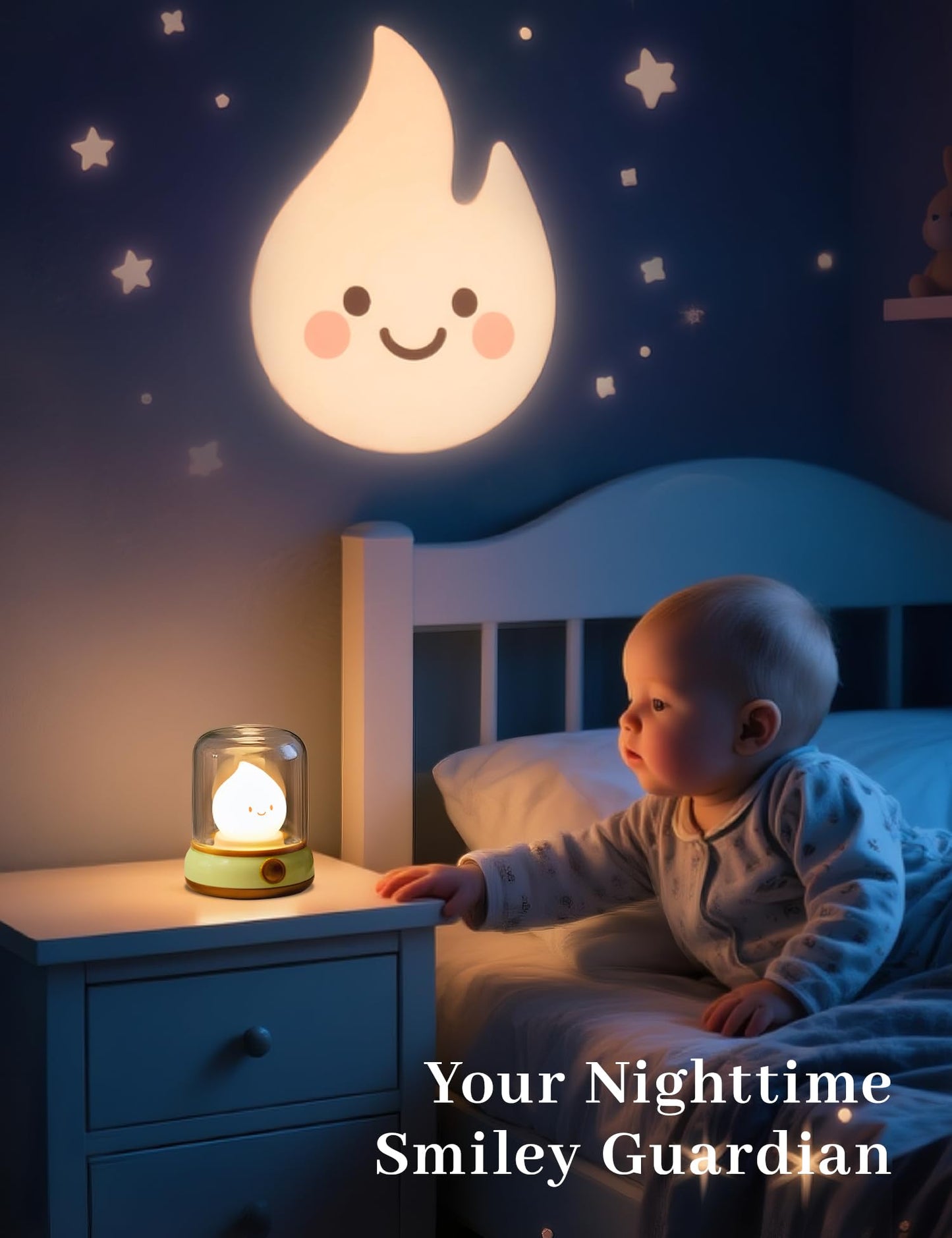 BANDIANCY Cute Smiley Night Light with White Noise, Vintage Flickering Flame Lamp, USB Rechargeable Dimmable Sleep Timer, Cozy Lamp Sleep Aid Sound Machine for Bedroom
