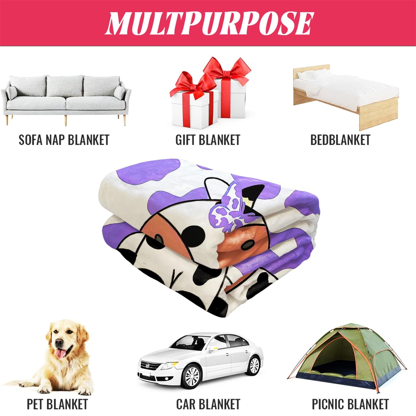 OHTMTHO Cute Cartoon Cow Throw Blanket, Soft Warm Cozy Fleece Blanket for Couch Bed, 60" x 80", Purple