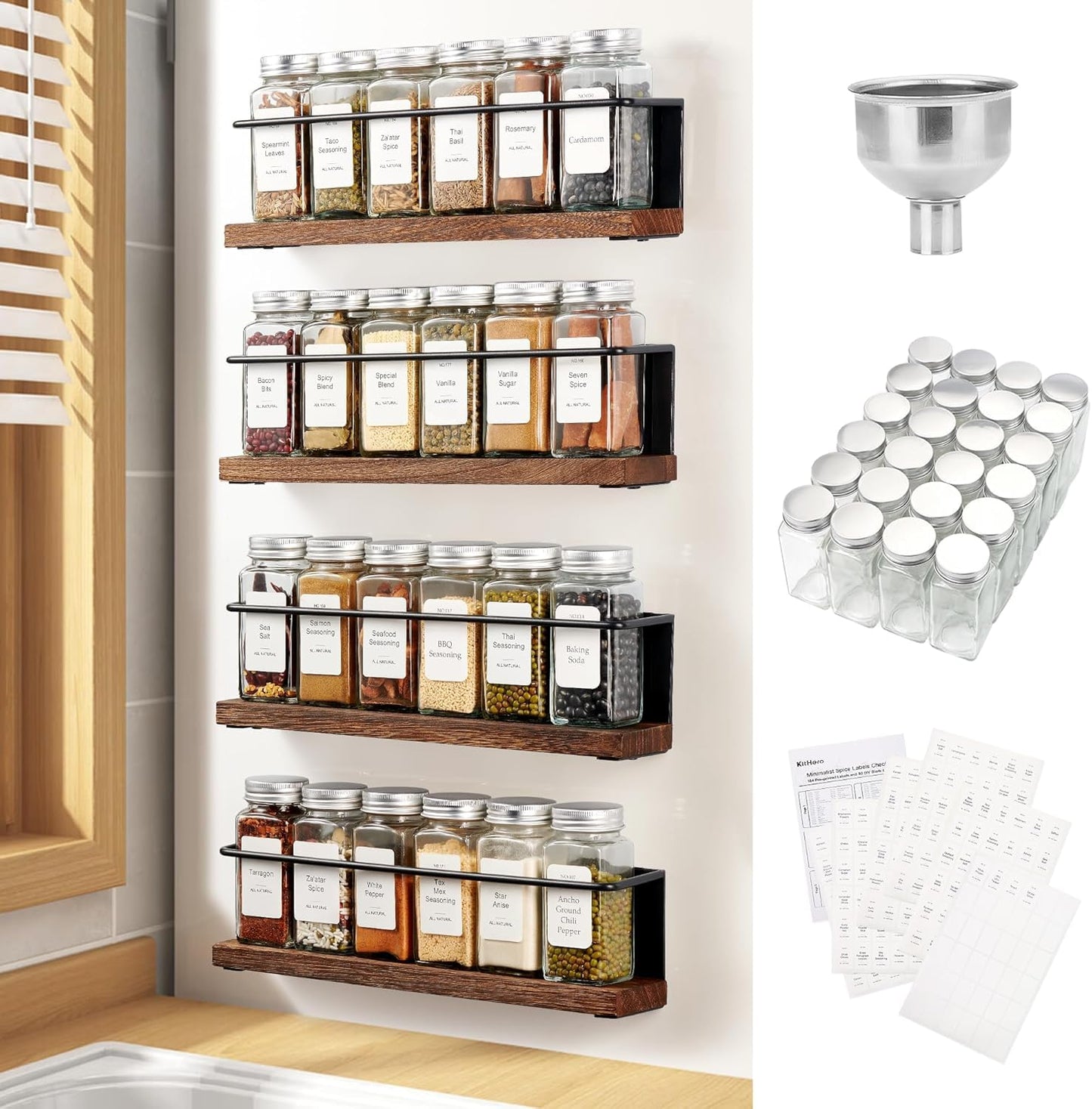 KitHero Magnetic Spice Rack with 24 Jars, 216 Labels, 1 Steel Funnel for Refrigerator，Microwave Oven - Full Set of Spice Organizer