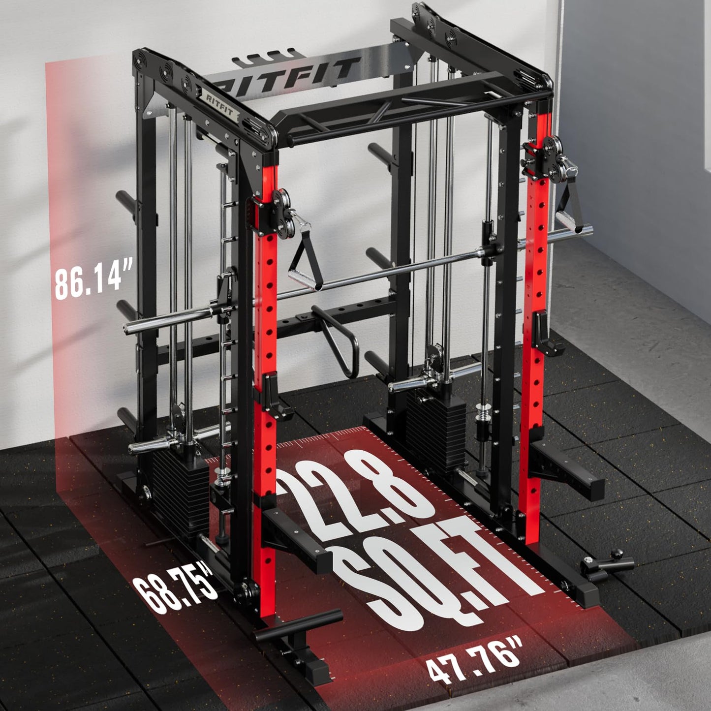 RitFit M2 Smith Machine with Cable Crossover System, 3D Functional Trainer & Power Cage, 16 Adjustment Holes, 6 Storage Pegs for Full-Body Home Gym(M2 PRO-3D Red with BP230)