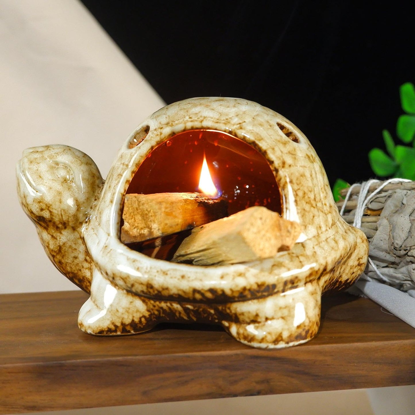 Mougigi Handcrafted Brown Ceramic Turtle Mini Chiminea Palo Santo Burner Holder ，for Burning Sage、Cone Incense、Copal&Small Candle，Thoughtful Gifts for Meditation, Yoga, Aromatherapy Altar、Zen Spaces