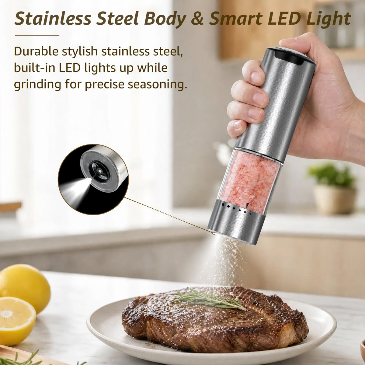 QTDHG Electric Salt and Pepper Grinder Set Type-C Fast Charging, Automatic Salt and Pepper Shakers Adjustable Coarseness, Stainless Steel Rechargeable Salt and Pepper Grinder with LED Light