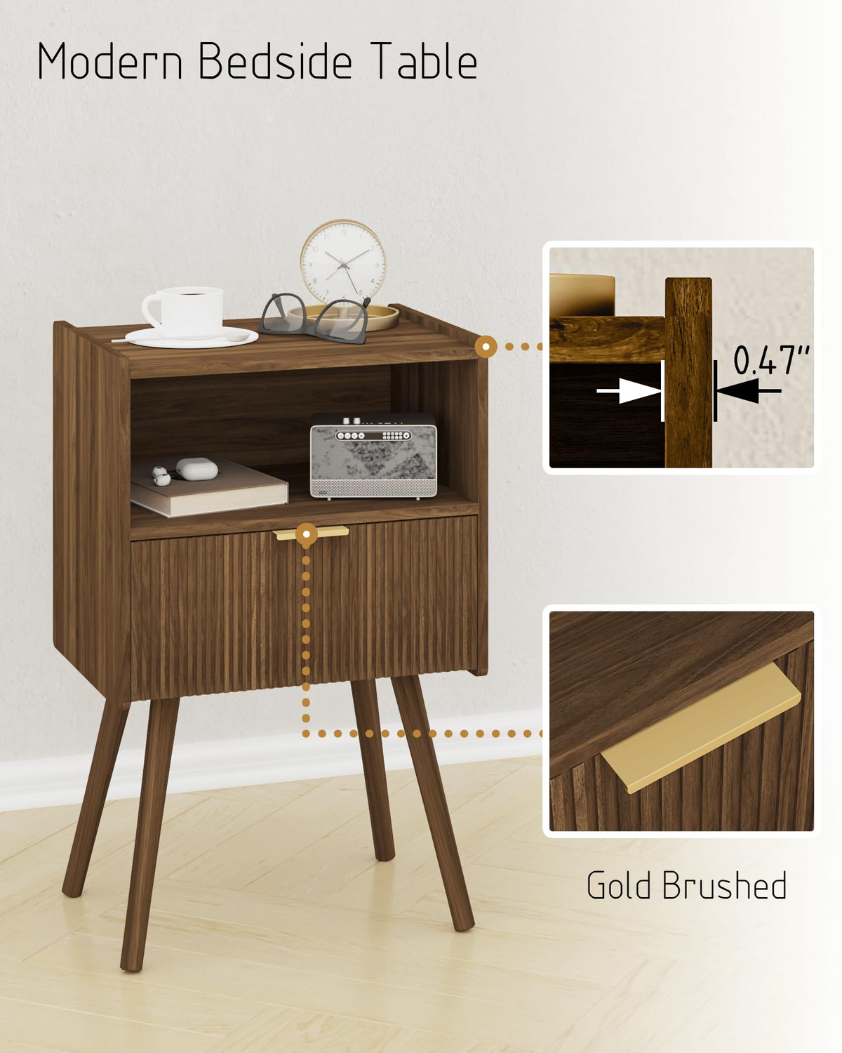 JOONEE Nightstand,Modern Bedside Table with Storage Drawer and Open Wood Shelf, for Living Room, Bedroom and Small Spaces, Accent Night Stand with Solid Wood Legs, Easy Assembly,Walnut Brown