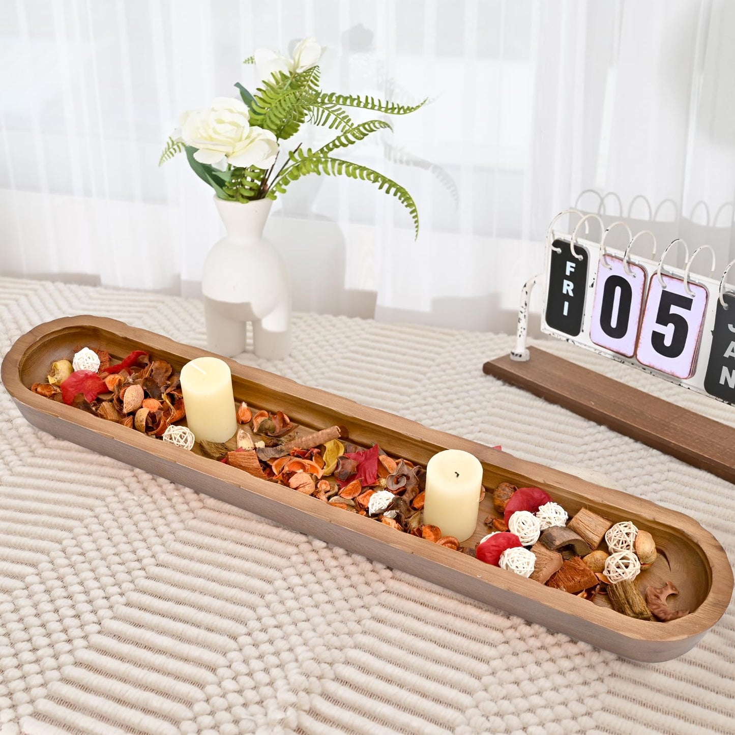 SwallowLiving Rustic Hand Carved Decorative Wood Dough Bowl, Approx 30-Inch Large Bread-Shaped Centerpiece, Long Wooden Bowl for Home Decor