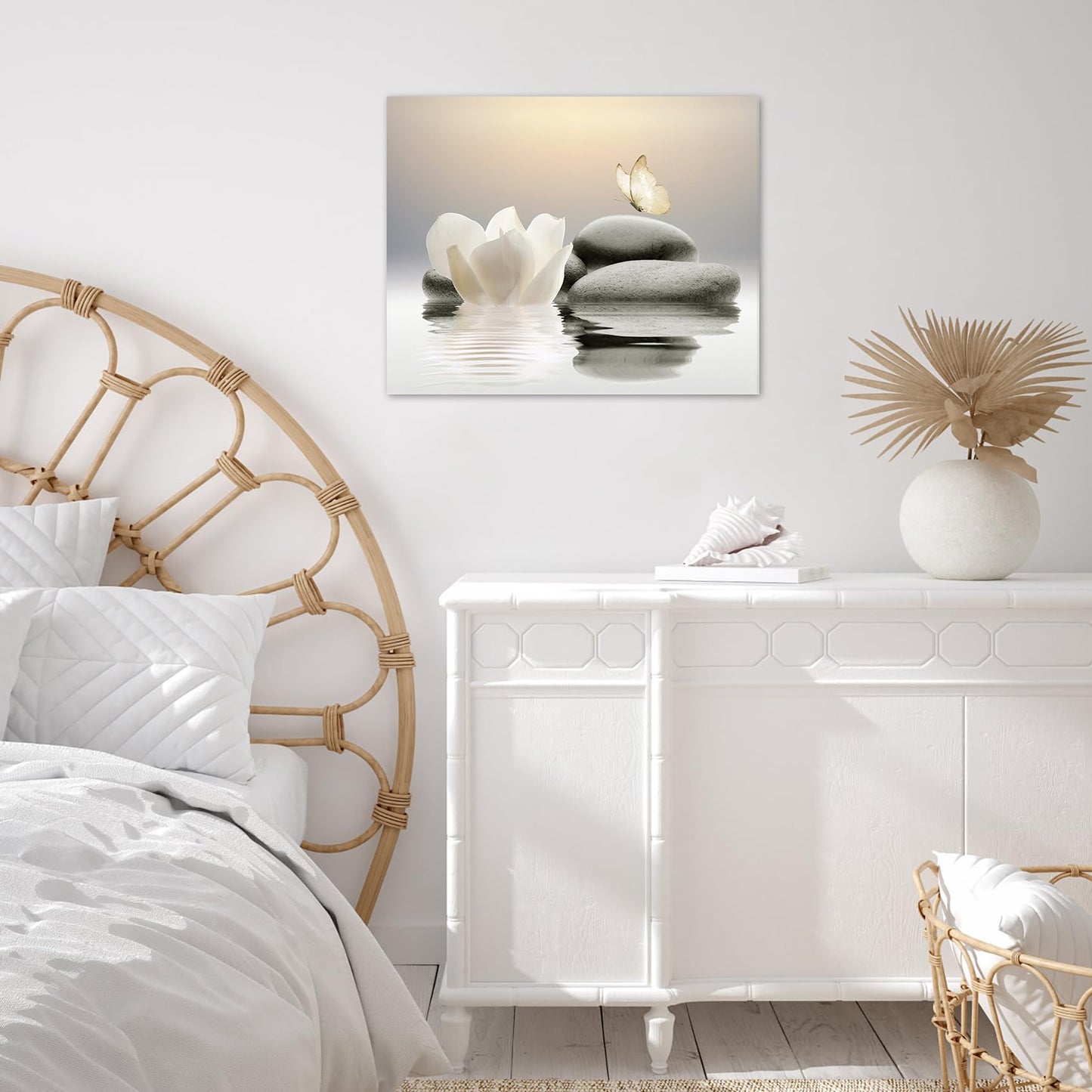 EOBTAIN Zen Stone Canvas Wall Art White Flower and Yellow Butterfly on Lake Wall Art for Bathroom Living Room Bedroom Modern Spiritual Yoga Spa Picture Canvas Wall Decor Zen Art,16x12 Inches