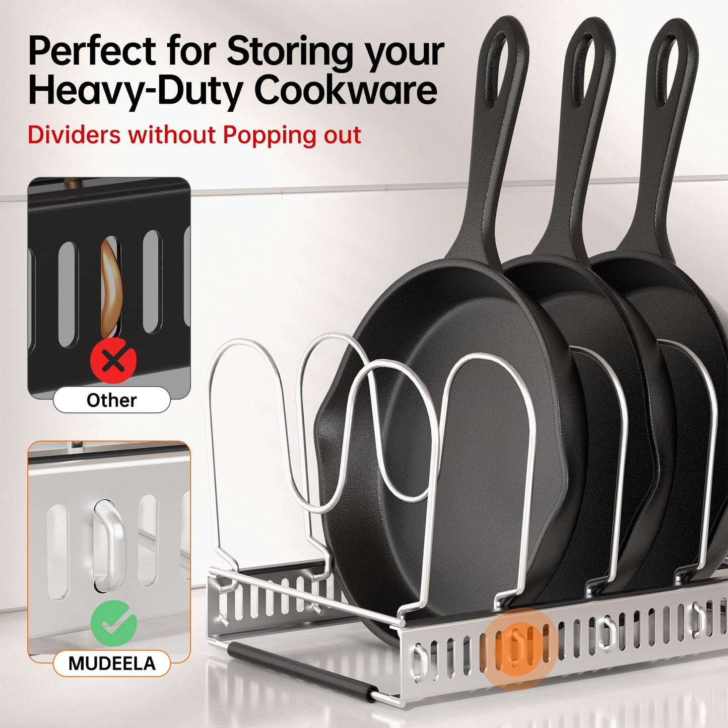 MUDEELA Pots and Pans Organizer Rack for under Cabinet, Expandable 11.81''-22.85'' Pot Lid Kitchen Cabinet Organizer Holder with 10 Adjustable Compartment Cutting Board Organizer for Pan Lid, Bakeware