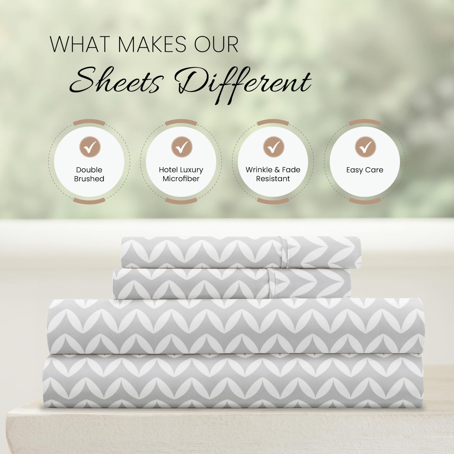 Linen Market Double-Brushed Patterned Microfiber King Sheet Set 4 Piece – Oeko-TEX Certified Ultra Soft & Wrinkle-Free - 16" Deep Pocket Sheets - Easy Care King Size - Puffed Chevron Light Gray