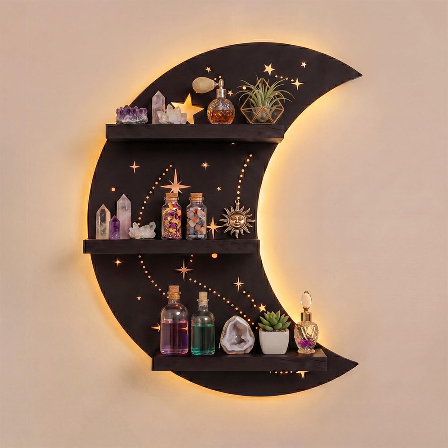 FNYDOX Crescent Moon Shelf with LED Light, Trinket Shelf & Moon Wall Light for Rocks Gems Healing Stones Crystals Display Shelf, Celestial Decor Crystal Holder Witchy Wall Decor