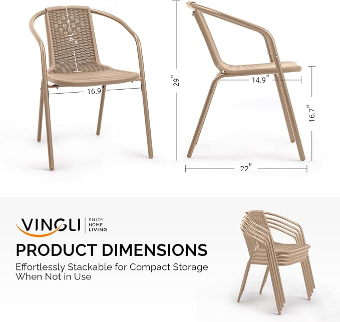 VINGLI PE Rattan Outdoor Dining Chairs Set of 2, Plastic Stackable Patio Chairs for Indoor, Porch, Restaurant, Garden,Champagne