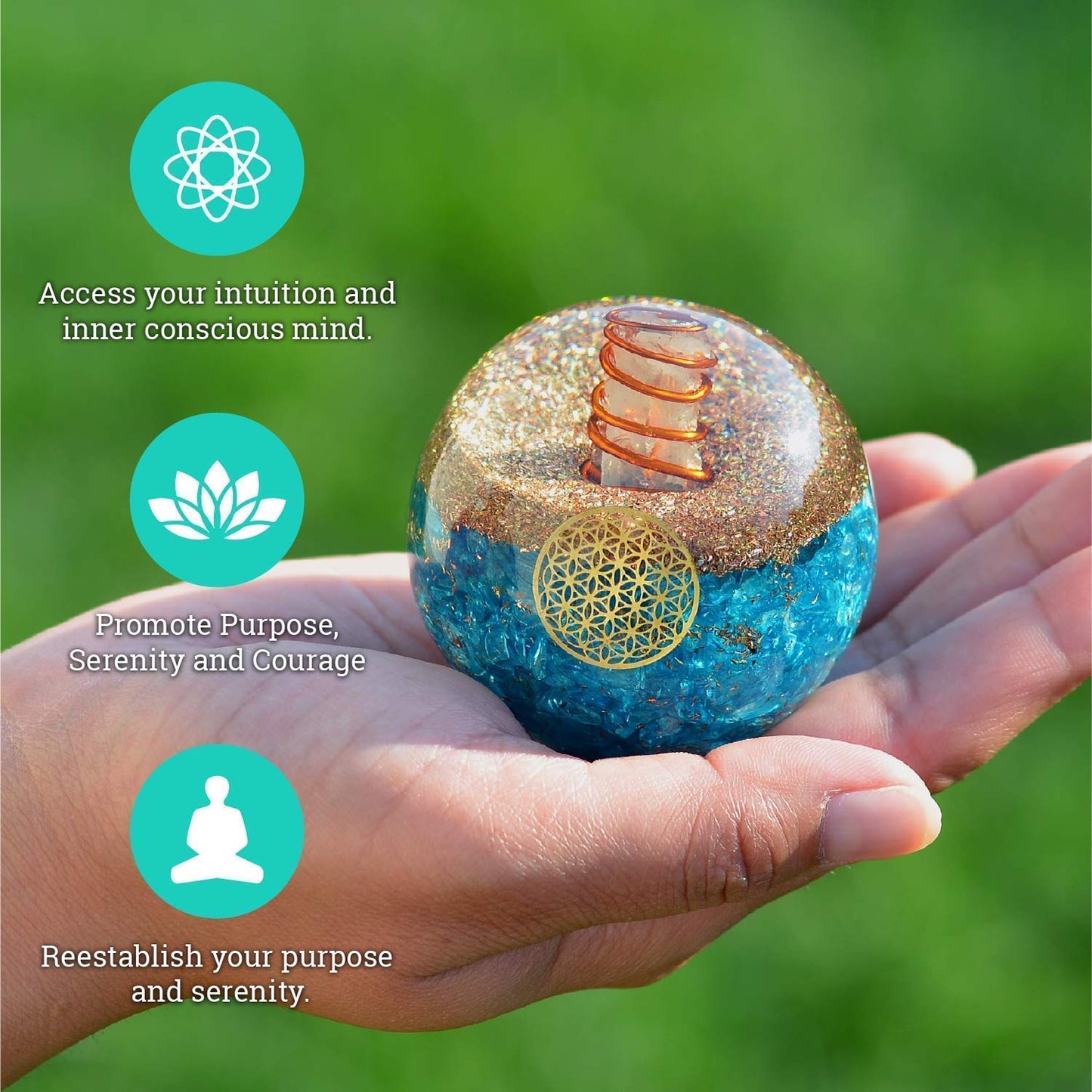 Orgonite Crystal Blue Aquamarine Crystal Ball with Stand for Positive Energy, Chakra Balancing –with Flower of Life Symbol to Promote Purpose, Serenity and Courage