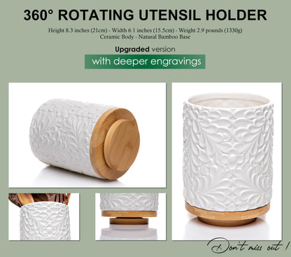 Extra Large 360° Rotating Utensil Holder for Kitchen Counter, 8.3” Cooking Utensil Holder for Countertop with Bamboo Base, White Ceramic Utensil Crock Canister for Cooking Utensils - Engraved Design
